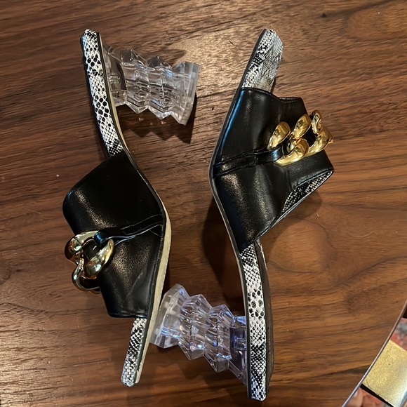 Women's Chain Detail Square Toe Heeled Sandals Lucite heels - Picture 4 of 5